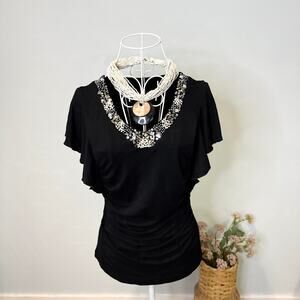 vintage y2k black sequin pearl beaded fitted babydoll plunging v neck